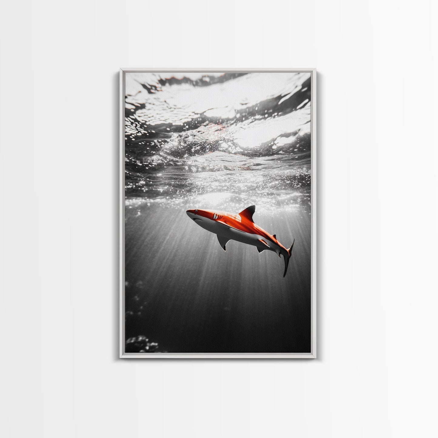 Red Shark, Underwater Scene, Ocean Light Rays, Color Contrast, Canvas Print