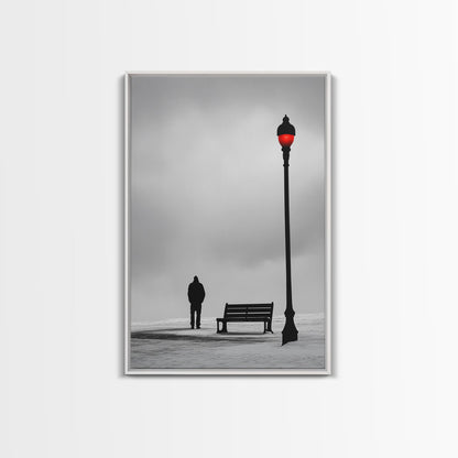Red Street Lamp, Snowy Walkway, Silhouette Scene, Framed Canvas Print, Moody Wall Art