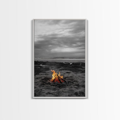 Beach bonfire, coastal art, ocean sunset, nautical decor, seascape painting, cozy fire