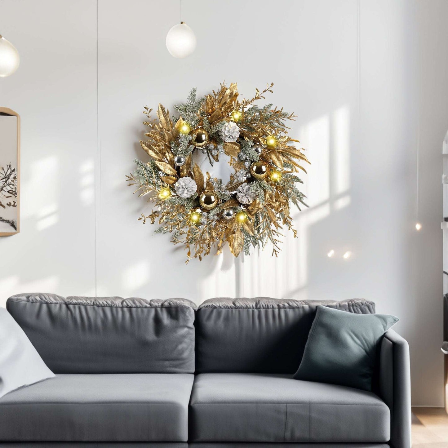 20-Inch Lighted Christmas Wreath for Front Door Decor