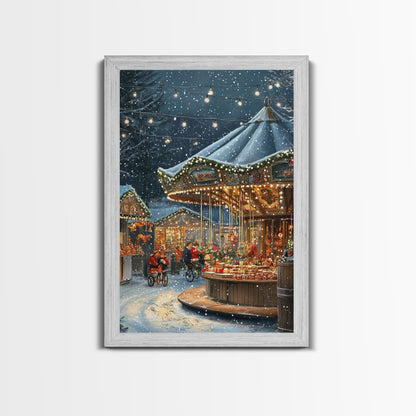 Snowy Night Market Carousel Framed Canvas Wall Decor