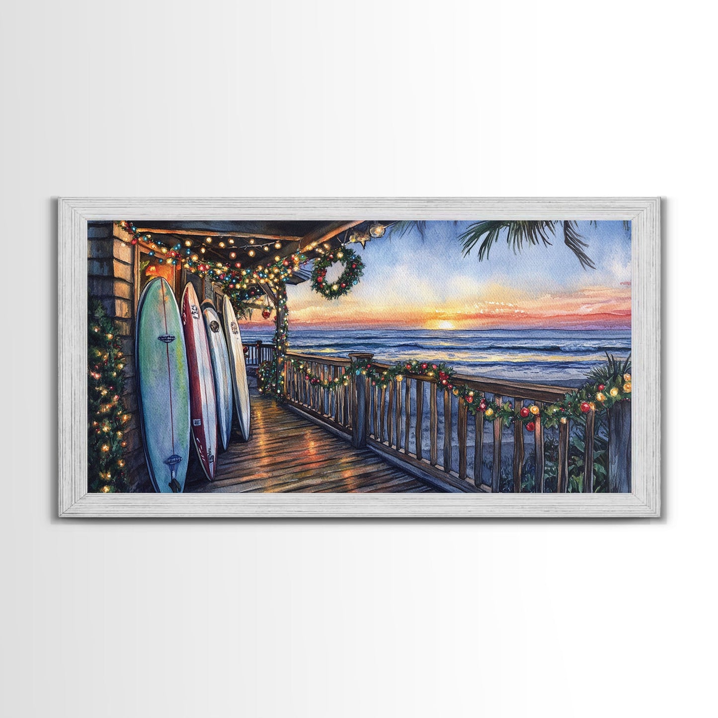 Coastal Christmas Porch Canvas Print with Surfboards