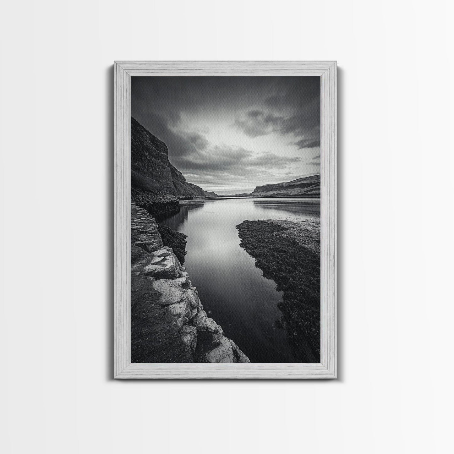 River Gorge, Twilight Reflections, Cliffside Calm, Canvas Print, Moody Black White Wall Art