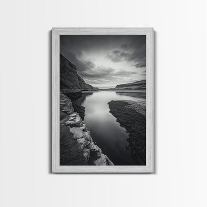 River Gorge, Twilight Reflections, Cliffside Calm, Canvas Print, Moody Black White Wall Art