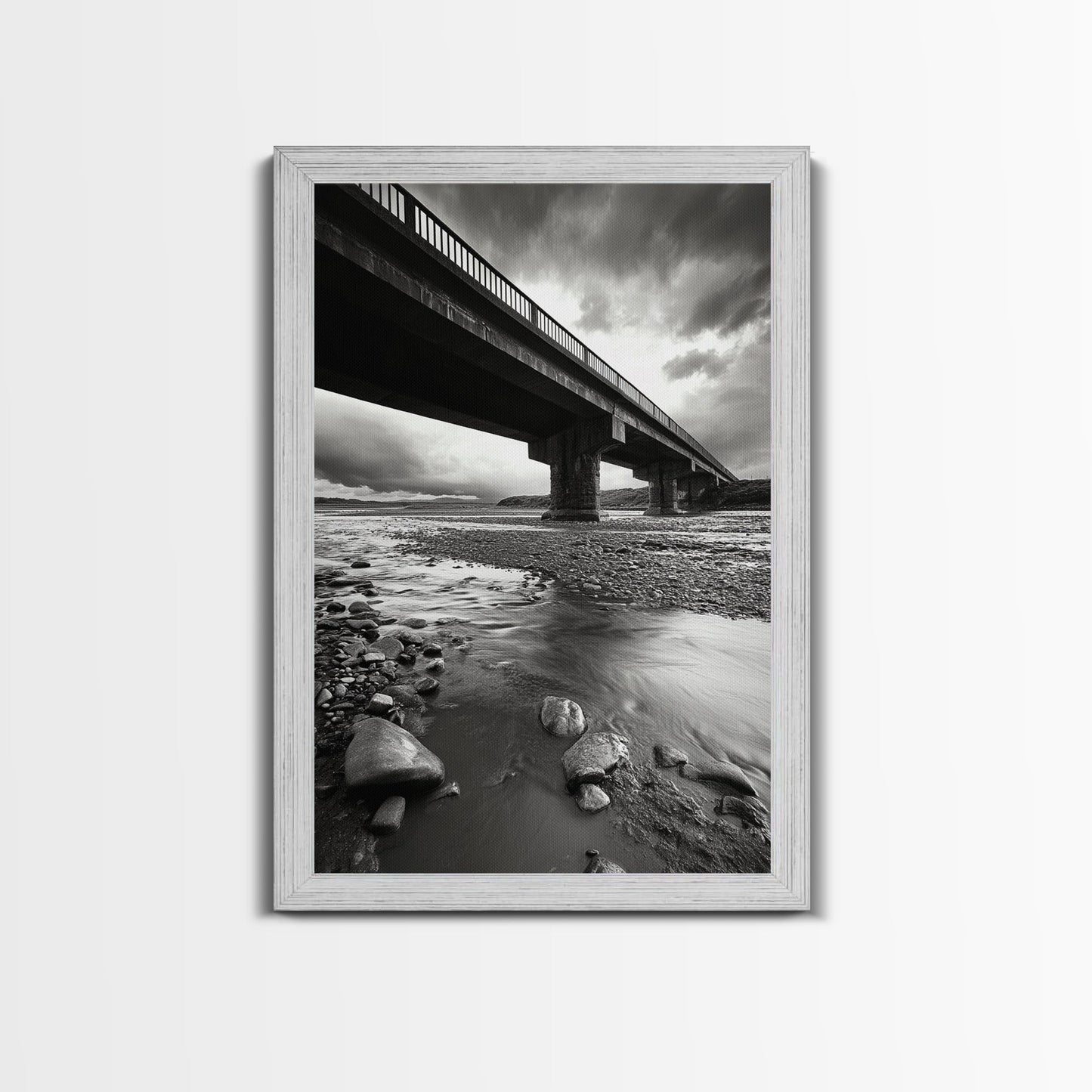 Stormy Bridge, River Rocks, Dramatic Sky, Moody Photography, Office Wall Art