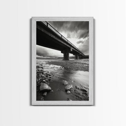 Stormy Bridge, River Rocks, Dramatic Sky, Moody Photography, Office Wall Art
