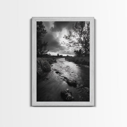River Flow, Storm Clouds, Nature Trees, Monochrome Scene, Framed Canvas Print