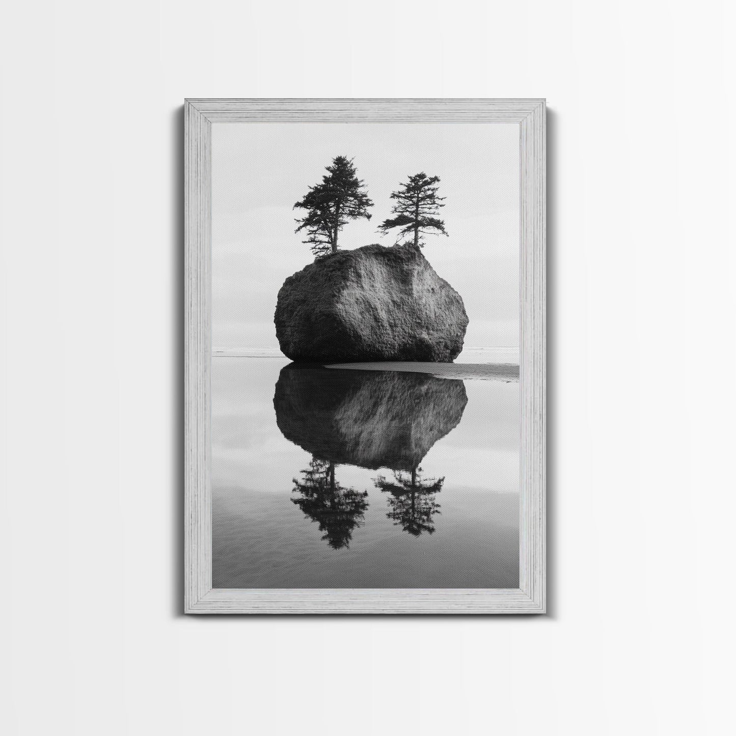 Island Reflection, Twin Trees, Still Water, Minimal Seascape, Zen Decor, Black and White Art