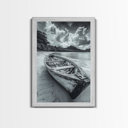 Abandoned Rowboat, Tropical Coastline, Vintage Travel Vibes, Black and White Canvas Print, Beach House or Coastal Living Wall Art