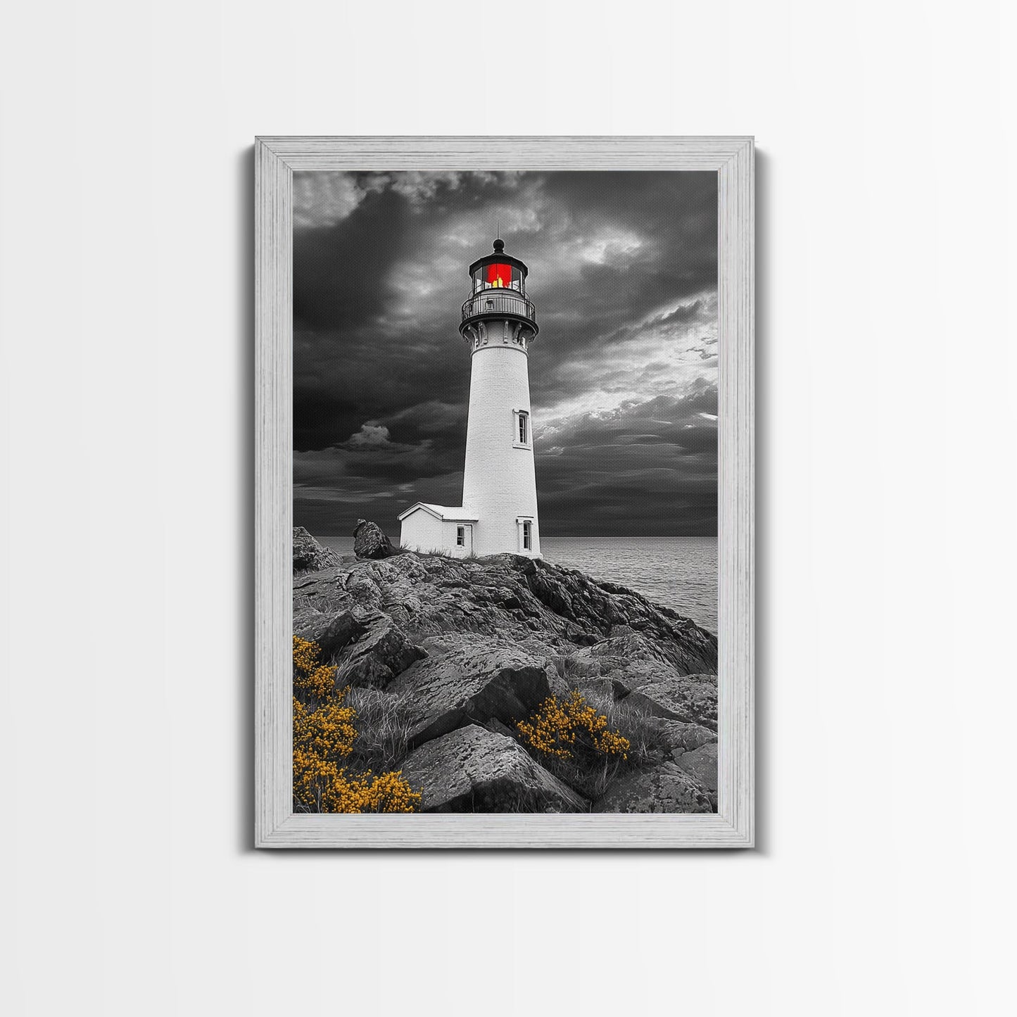 Red Beacon Lighthouse, Rocky Coast Light, Dramatic Storm Sky, Ocean Guide, Framed Canvas Print