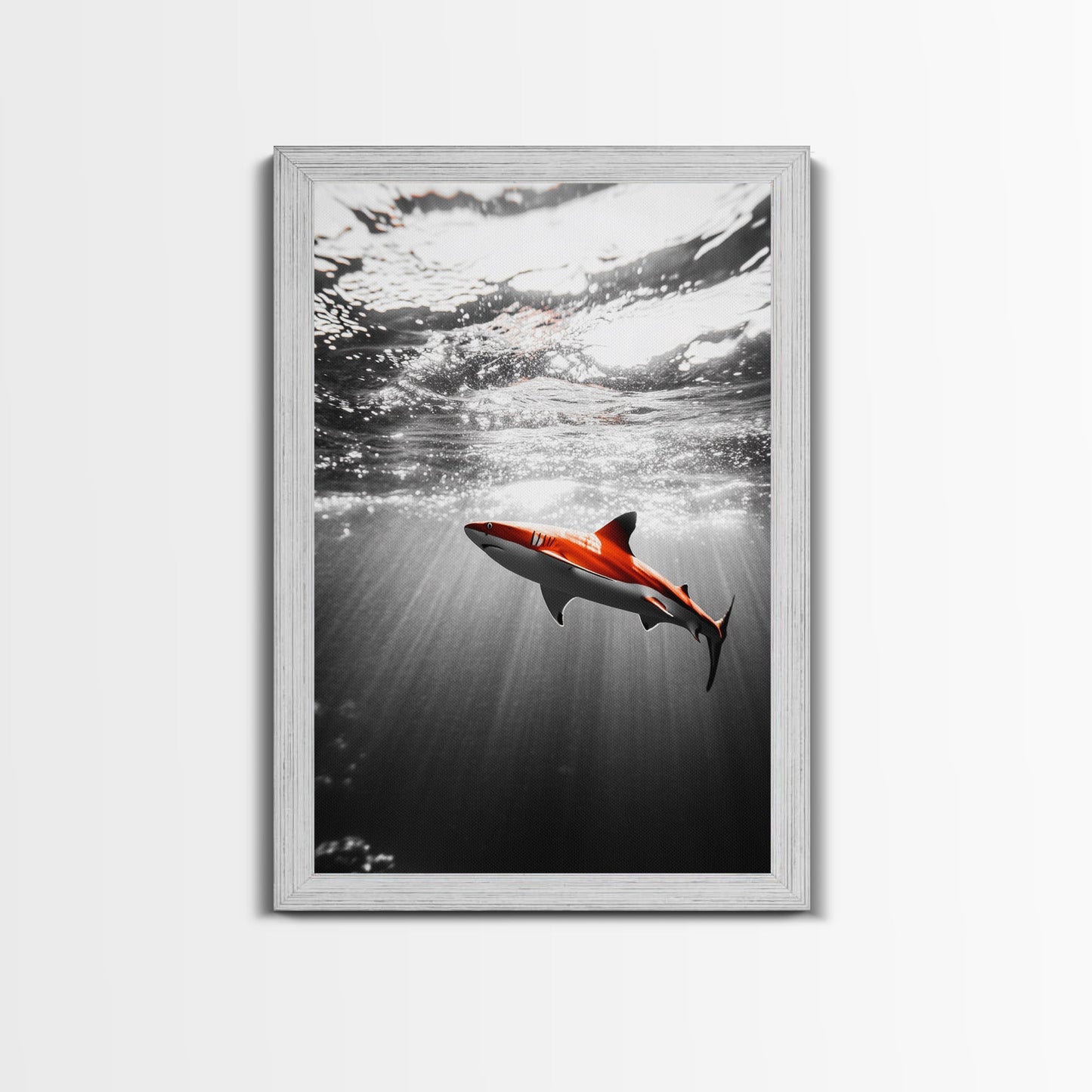 Red Shark, Underwater Scene, Ocean Light Rays, Color Contrast, Canvas Print