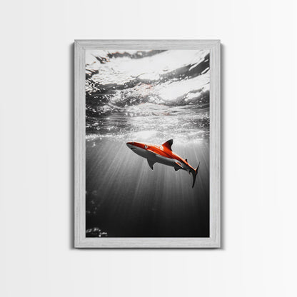 Red Shark, Underwater Scene, Ocean Light Rays, Color Contrast, Canvas Print