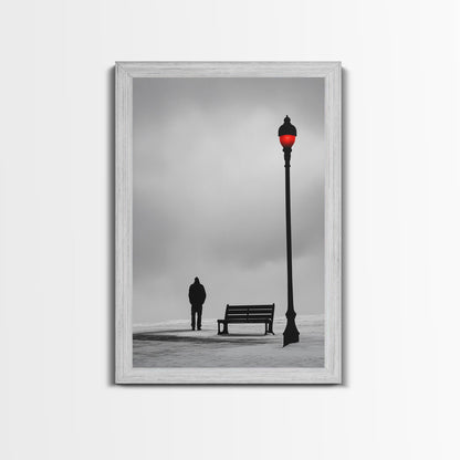 Red Street Lamp, Snowy Walkway, Silhouette Scene, Framed Canvas Print, Moody Wall Art