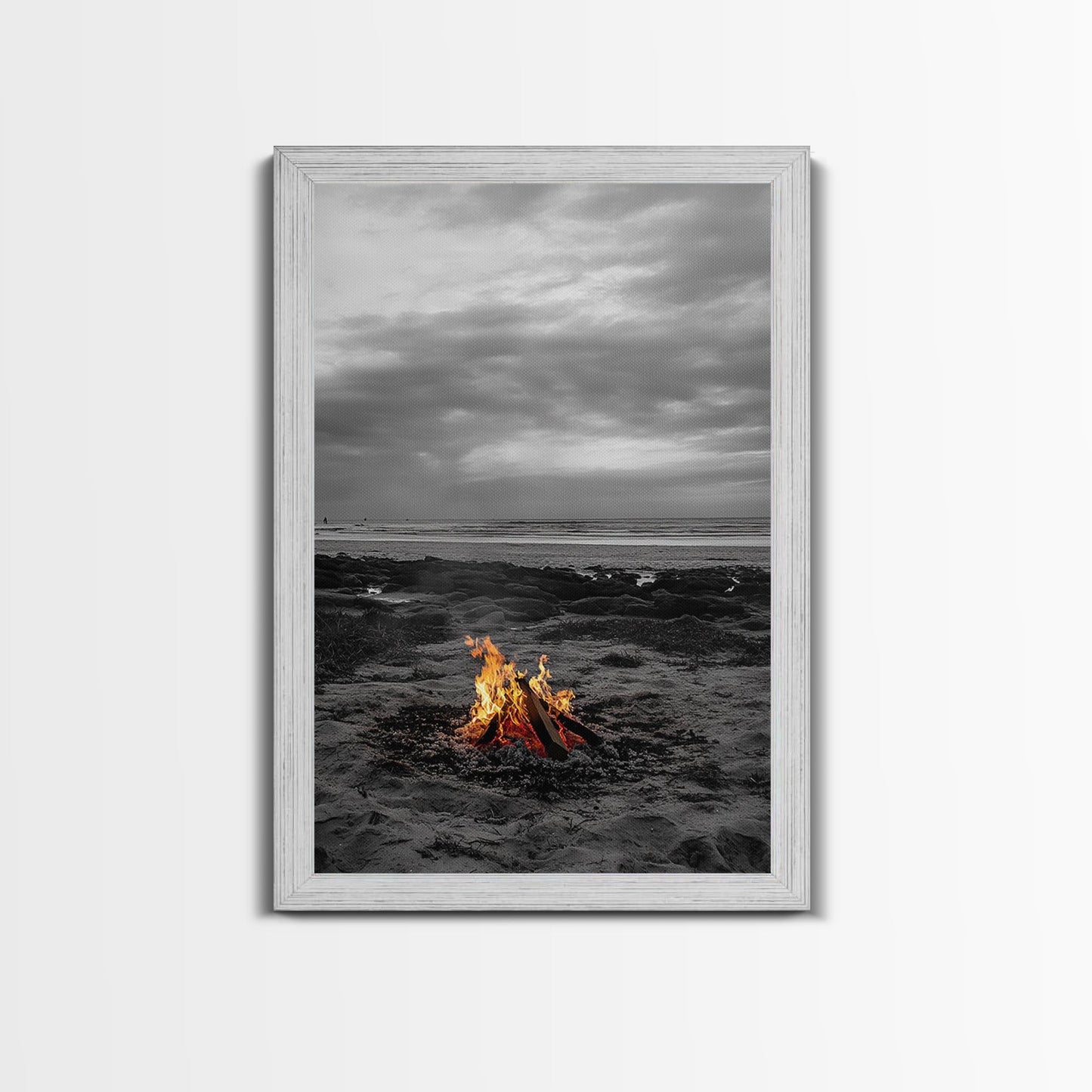 Beach bonfire, coastal art, ocean sunset, nautical decor, seascape painting, cozy fire