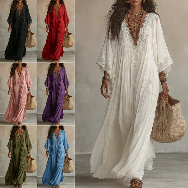 Summer Elegant Solid Dresses Womens Casual Lace Trim V Neck Flowy