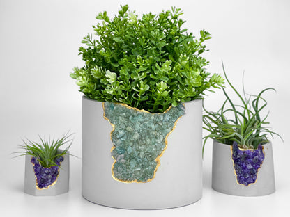 Handmade 6” Green Apatite Crystal & Concrete Geode Planter