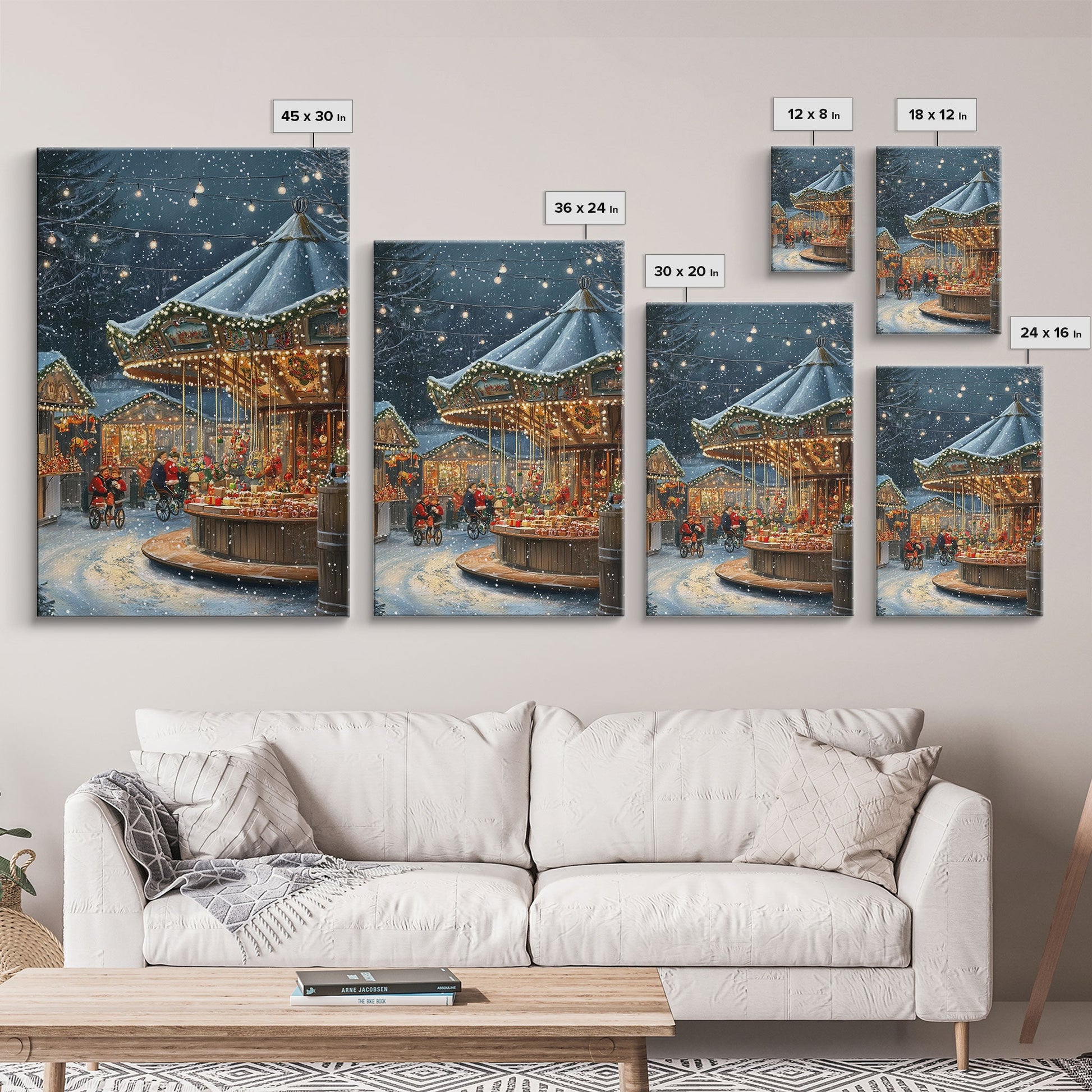 Snowy Night Market Carousel Framed Canvas Wall Decor