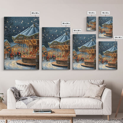 Snowy Night Market Carousel Framed Canvas Wall Decor