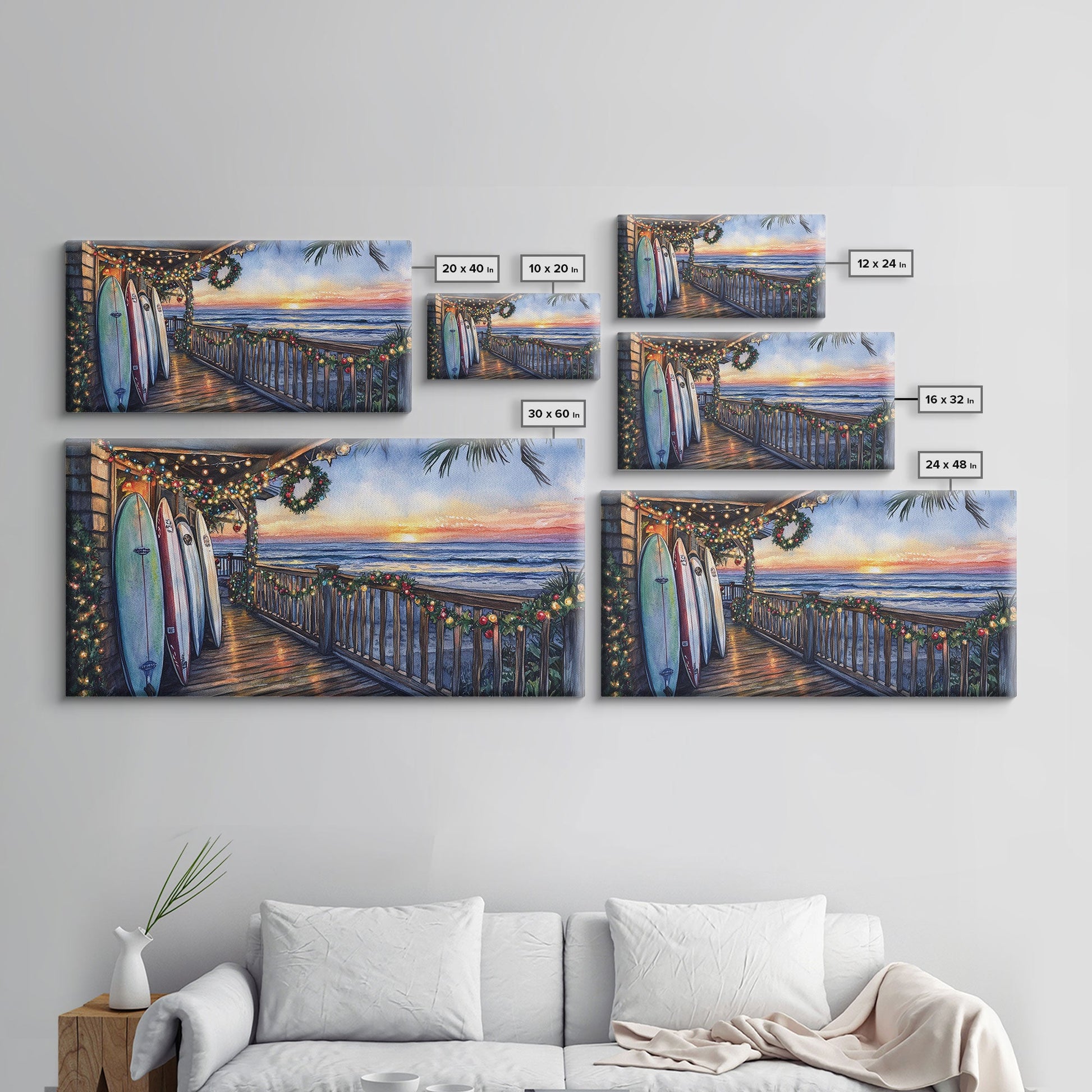Coastal Christmas Porch Canvas Print with Surfboards