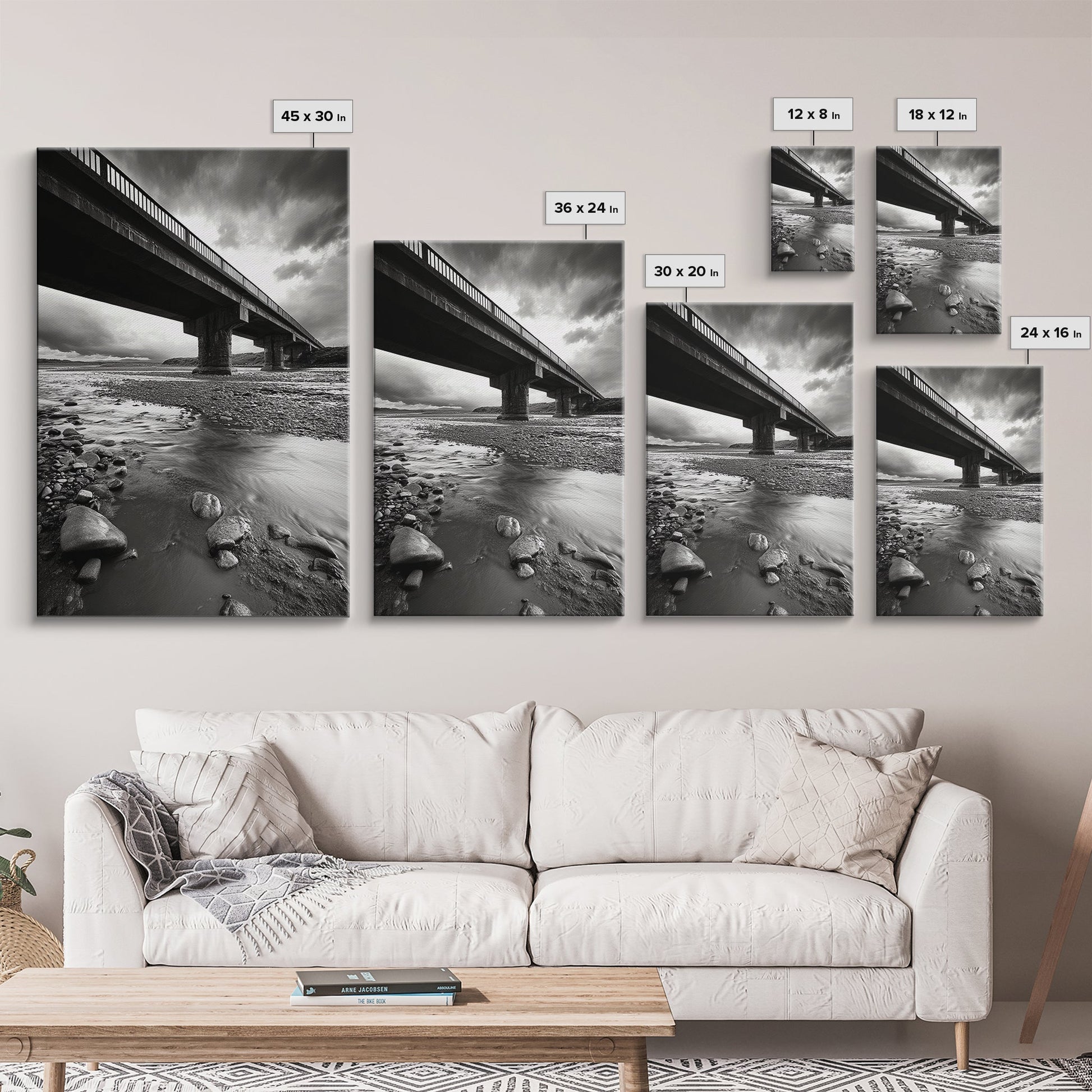 Stormy Bridge, River Rocks, Dramatic Sky, Moody Photography, Office Wall Art