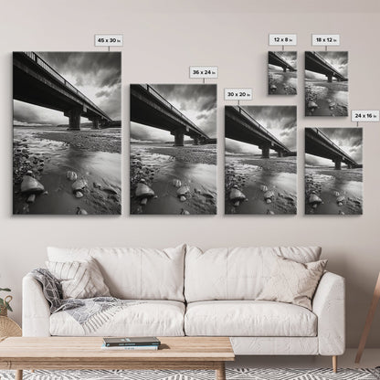 Stormy Bridge, River Rocks, Dramatic Sky, Moody Photography, Office Wall Art