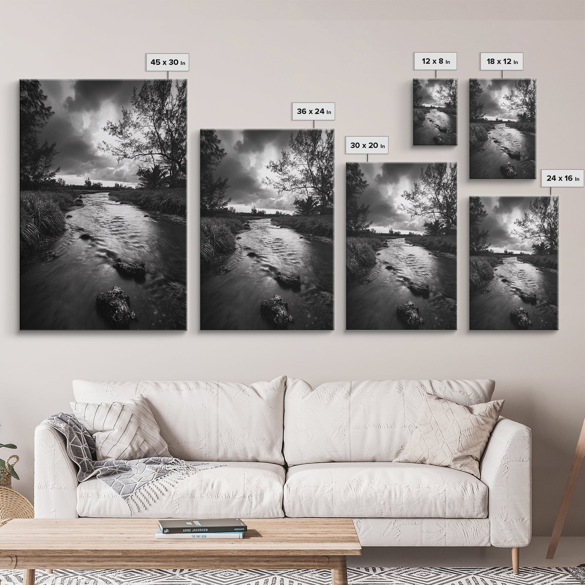 River Flow, Storm Clouds, Nature Trees, Monochrome Scene, Framed Canvas Print