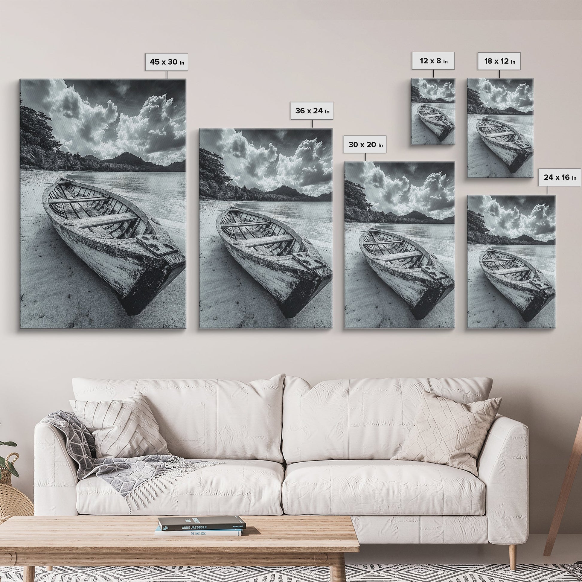 Abandoned Rowboat, Tropical Coastline, Vintage Travel Vibes, Black and White Canvas Print, Beach House or Coastal Living Wall Art