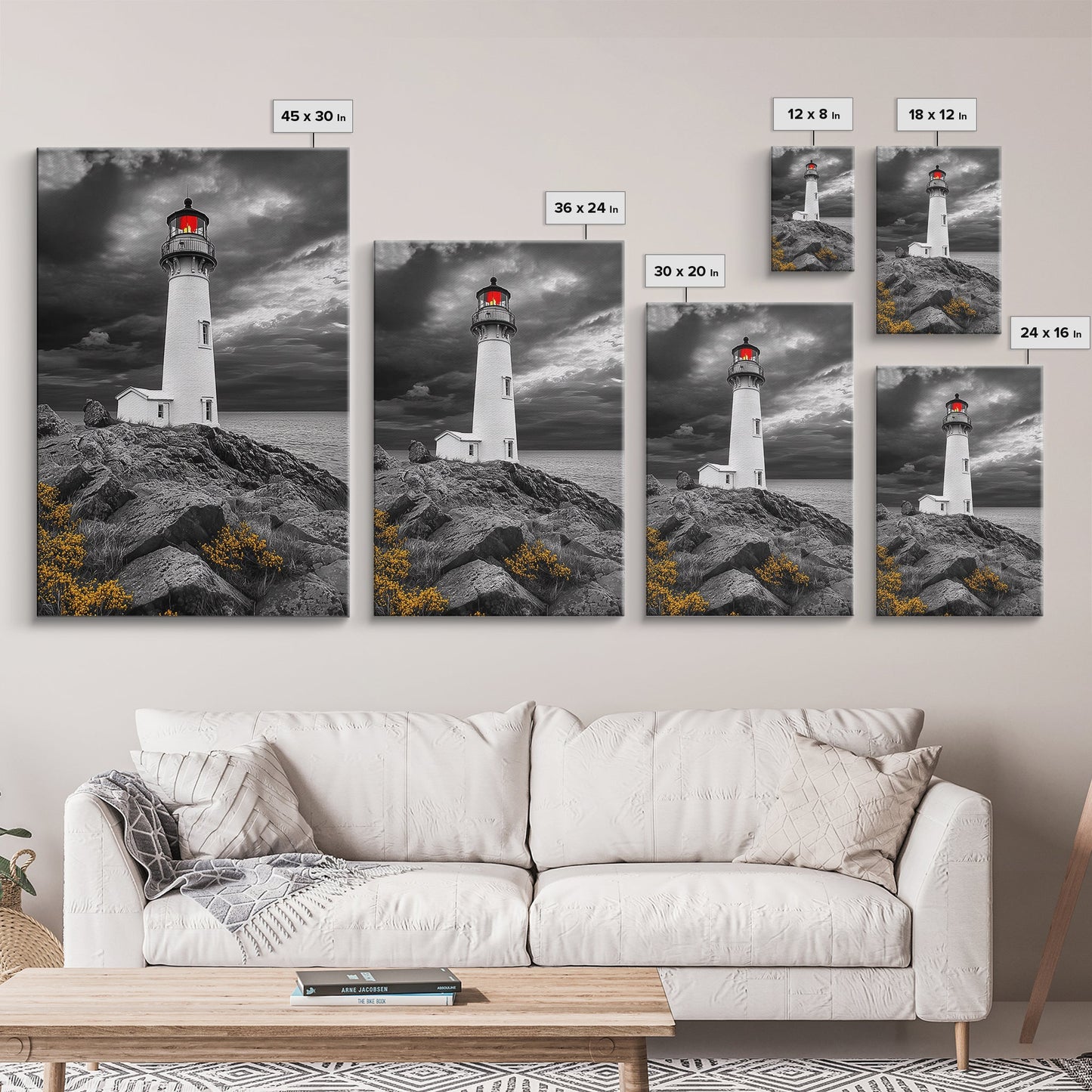 Red Beacon Lighthouse, Rocky Coast Light, Dramatic Storm Sky, Ocean Guide, Framed Canvas Print