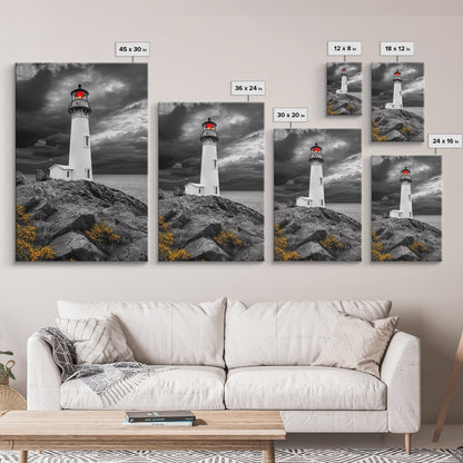 Red Beacon Lighthouse, Rocky Coast Light, Dramatic Storm Sky, Ocean Guide, Framed Canvas Print