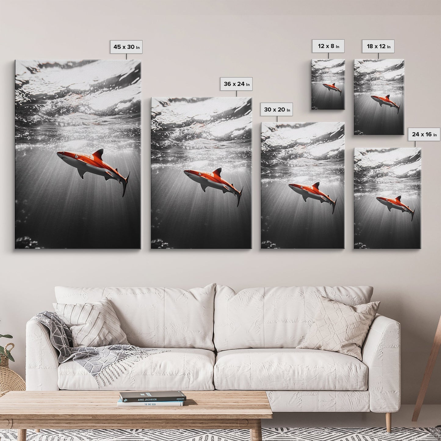 Red Shark, Underwater Scene, Ocean Light Rays, Color Contrast, Canvas Print