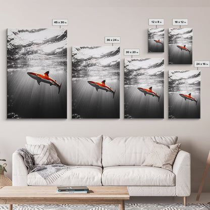 Red Shark, Underwater Scene, Ocean Light Rays, Color Contrast, Canvas Print