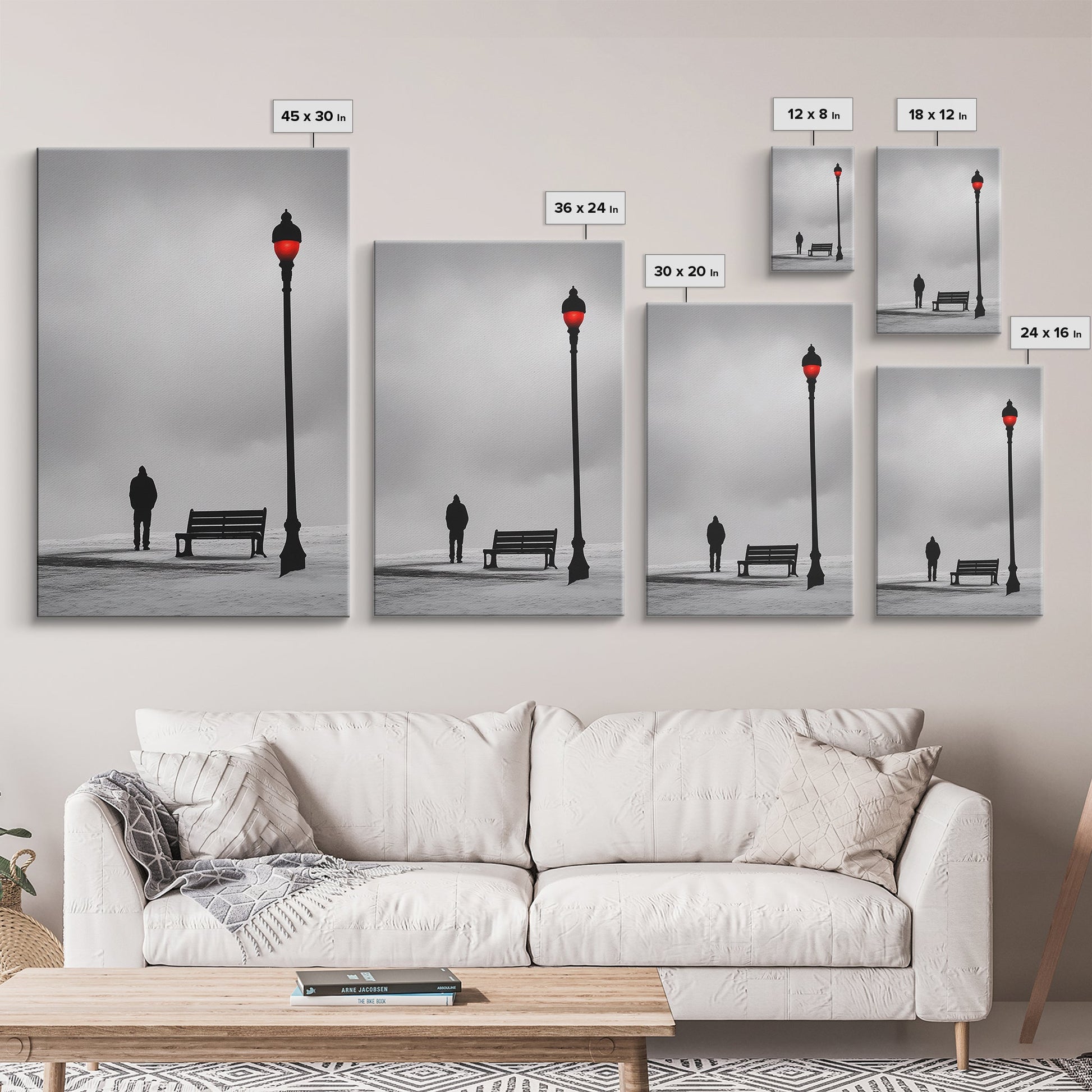 Red Street Lamp, Snowy Walkway, Silhouette Scene, Framed Canvas Print, Moody Wall Art