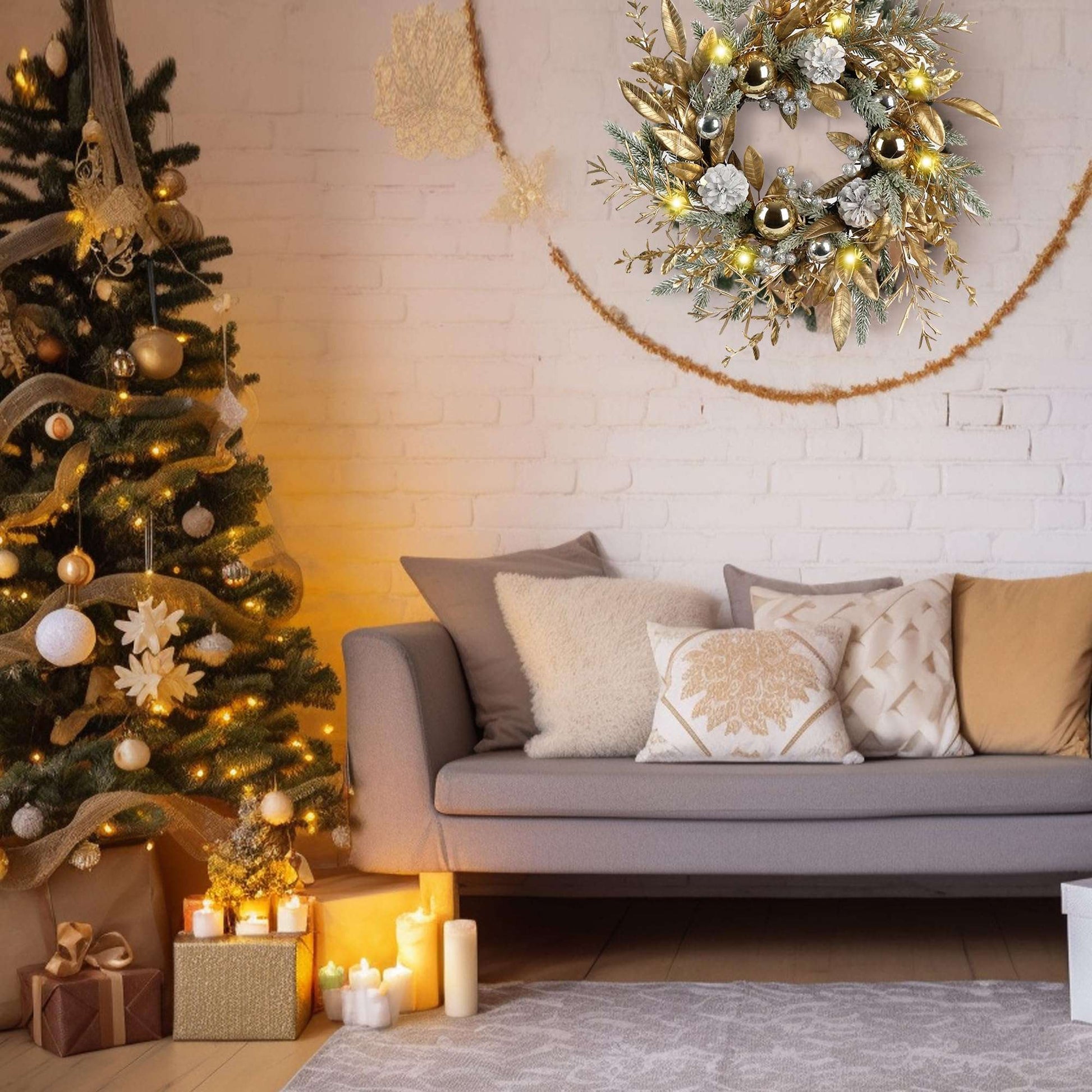 20-Inch Lighted Christmas Wreath for Front Door Decor