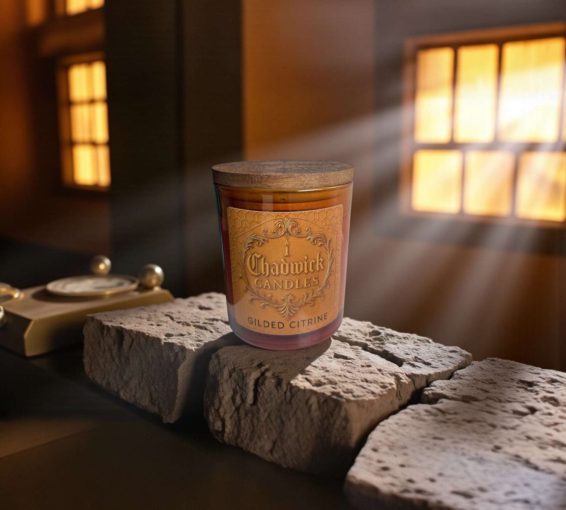 Gilded Citrine – Luxury Coconut Apricot Crème Candle with Wood Wick in Amber Glass
