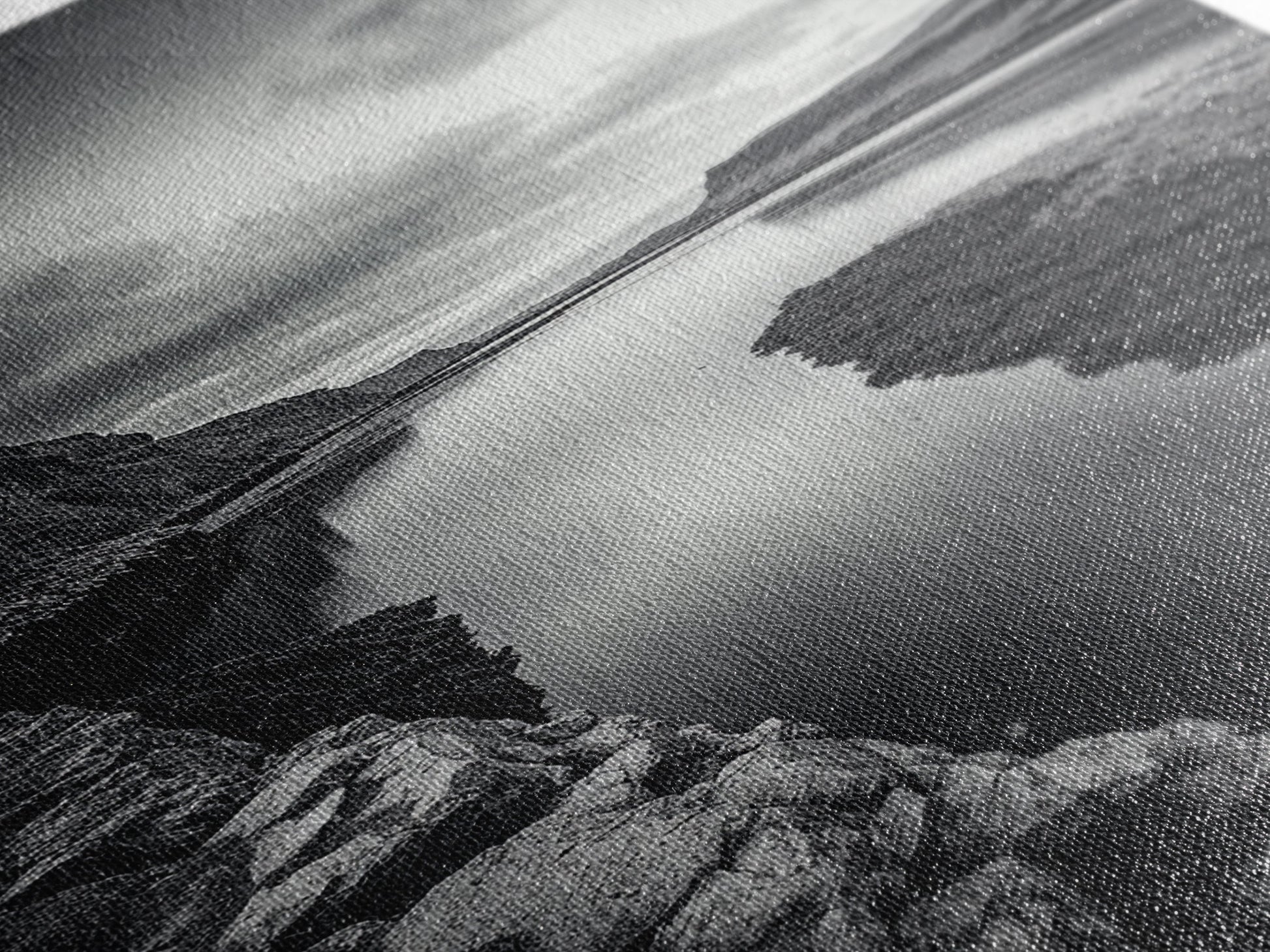 River Gorge, Twilight Reflections, Cliffside Calm, Canvas Print, Moody Black White Wall Art