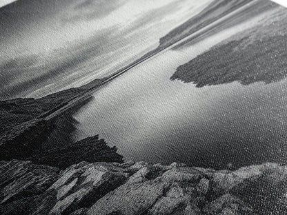River Gorge, Twilight Reflections, Cliffside Calm, Canvas Print, Moody Black White Wall Art