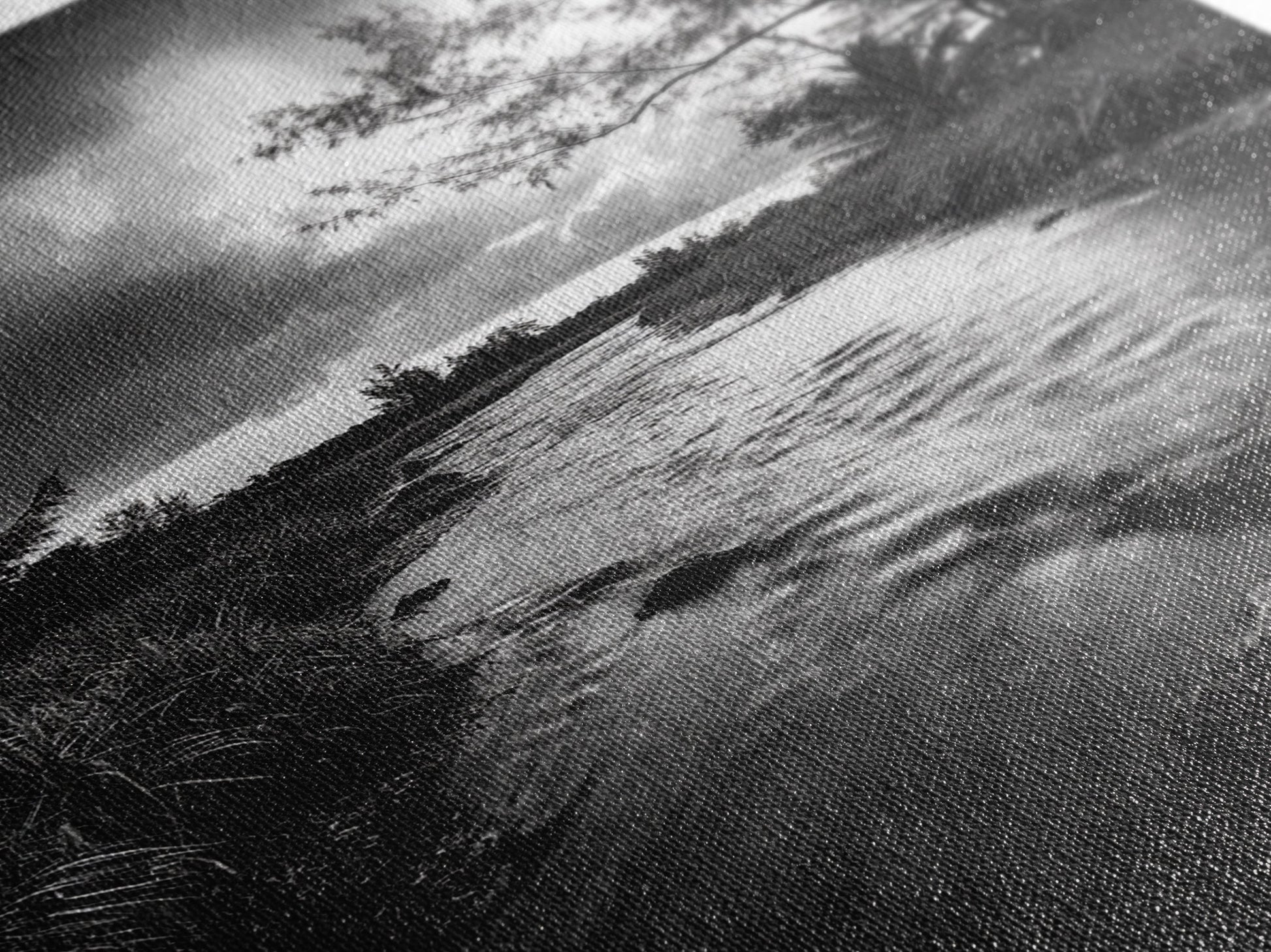 River Flow, Storm Clouds, Nature Trees, Monochrome Scene, Framed Canvas Print