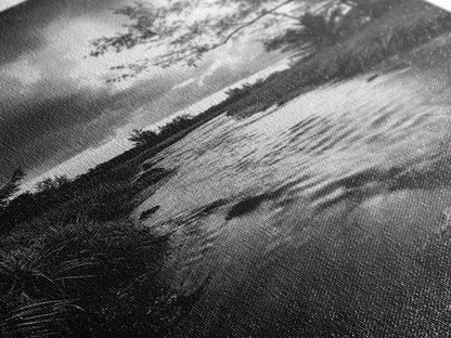 River Flow, Storm Clouds, Nature Trees, Monochrome Scene, Framed Canvas Print