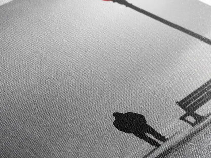 Red Street Lamp, Snowy Walkway, Silhouette Scene, Framed Canvas Print, Moody Wall Art