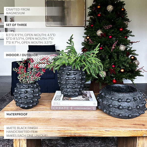 Handcrafted Textured Matte Black Outdoor Planters – Set of 3