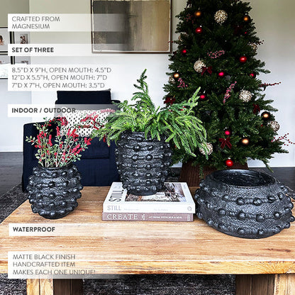 Handcrafted Textured Matte Black Outdoor Planters – Set of 3