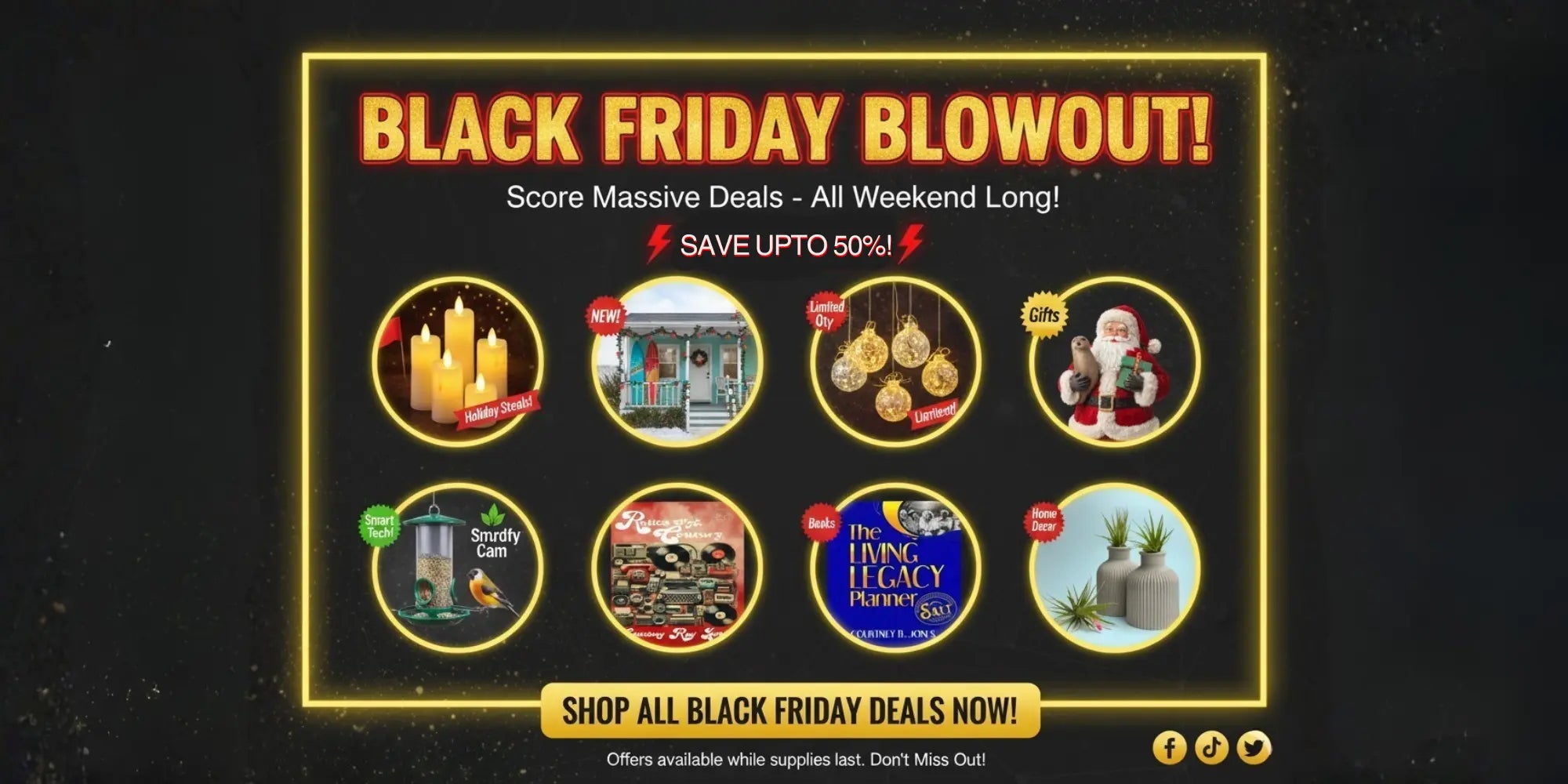 Black Friday promotional graphic with deals and savings information on a dark background