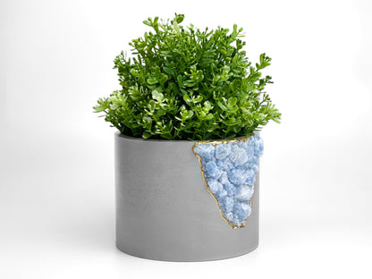 Raw Blue Calcite Crystal Planter – Handmade 6" Concrete Geode Pot with Gold Accents & Drainage Hole