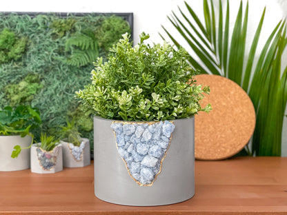 Raw Blue Calcite Crystal Planter – Handmade 6" Concrete Geode Pot with Gold Accents & Drainage Hole
