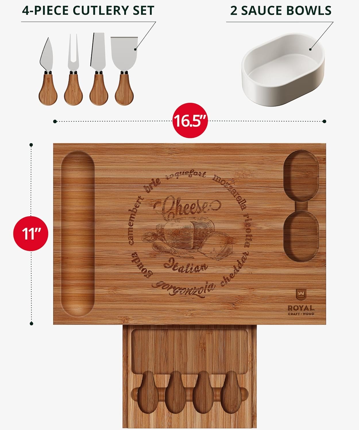 Cheese Board Set w/knives, 16.5“x11”, Brown