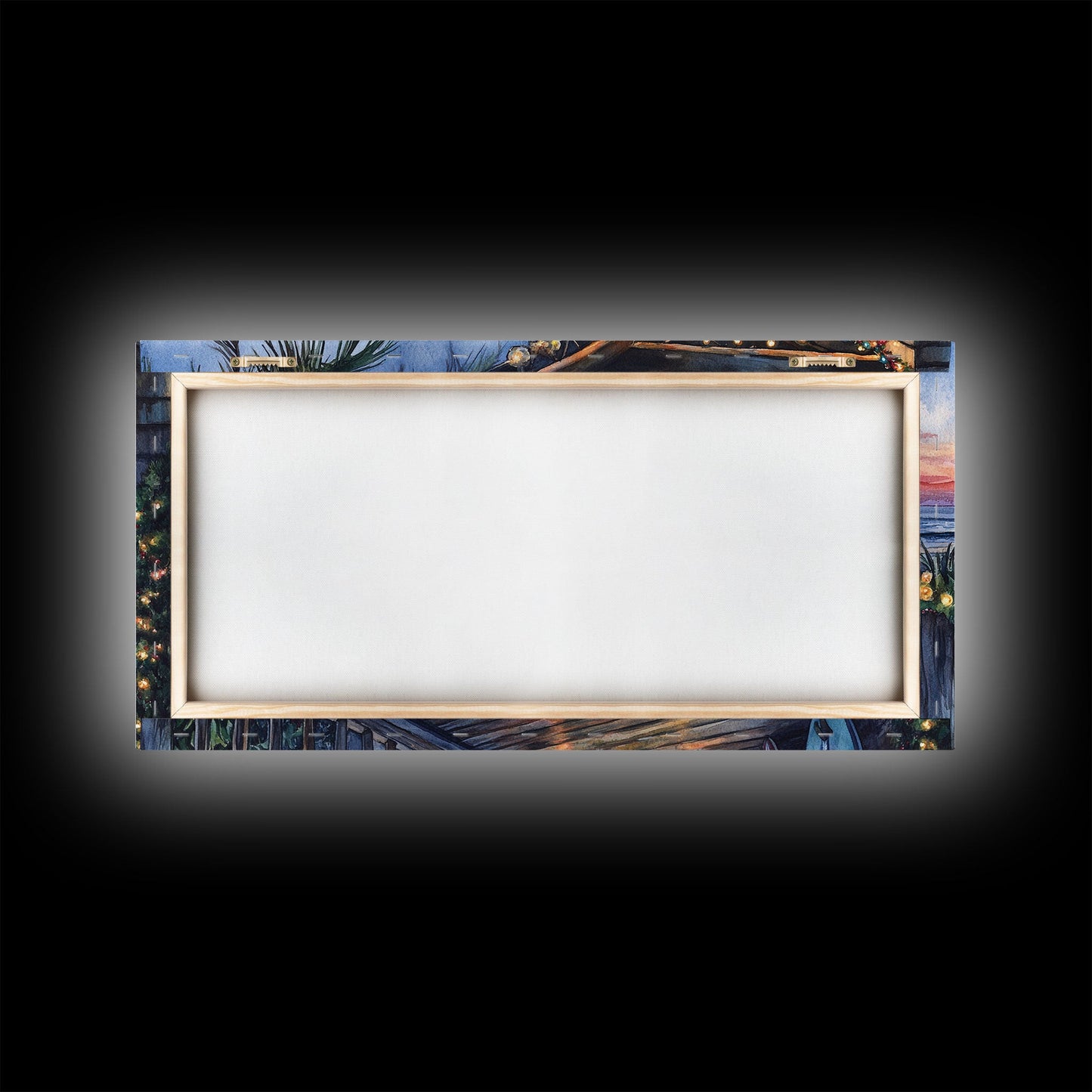 Coastal Christmas Porch Canvas Print with Surfboards