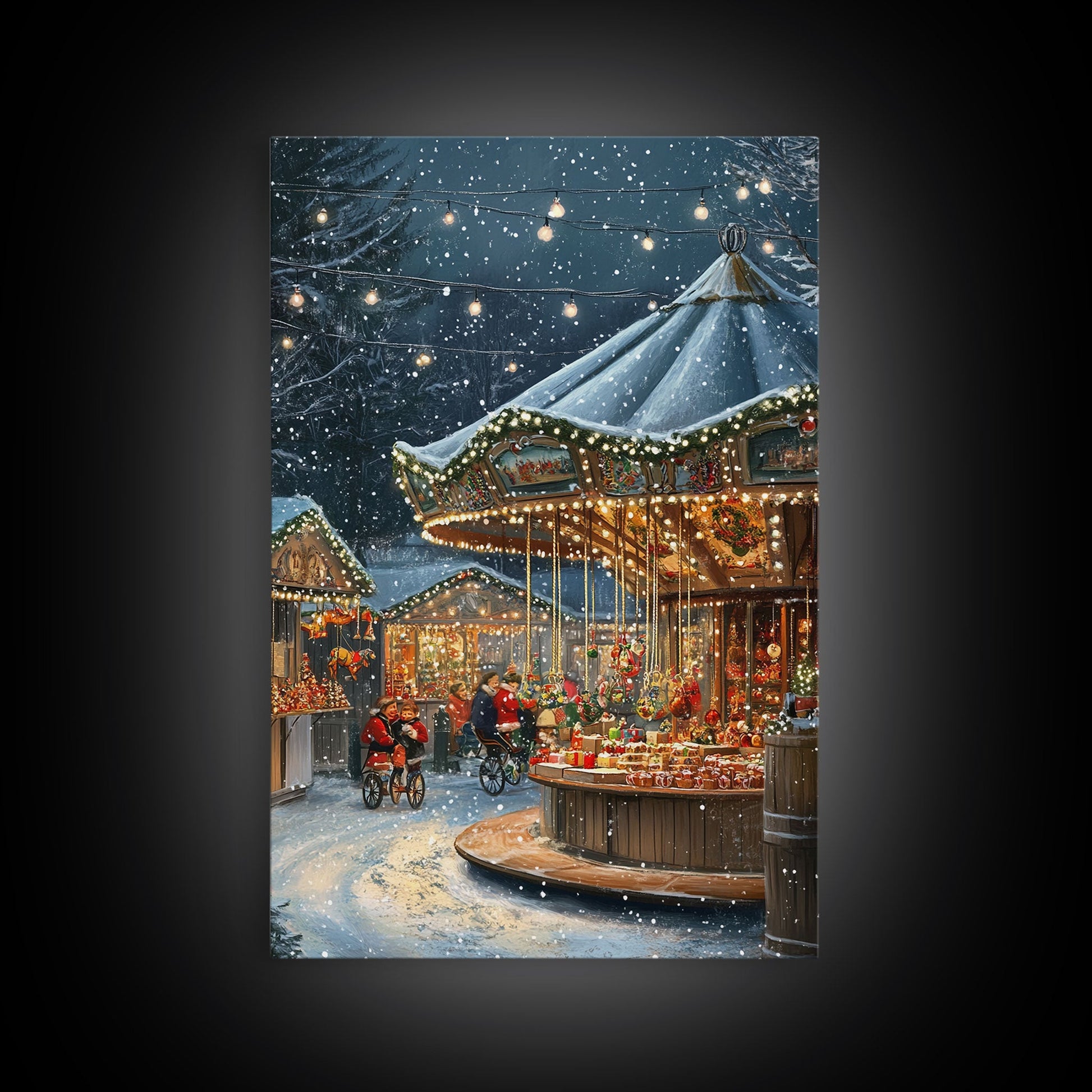 Snowy Night Market Carousel Framed Canvas Wall Decor