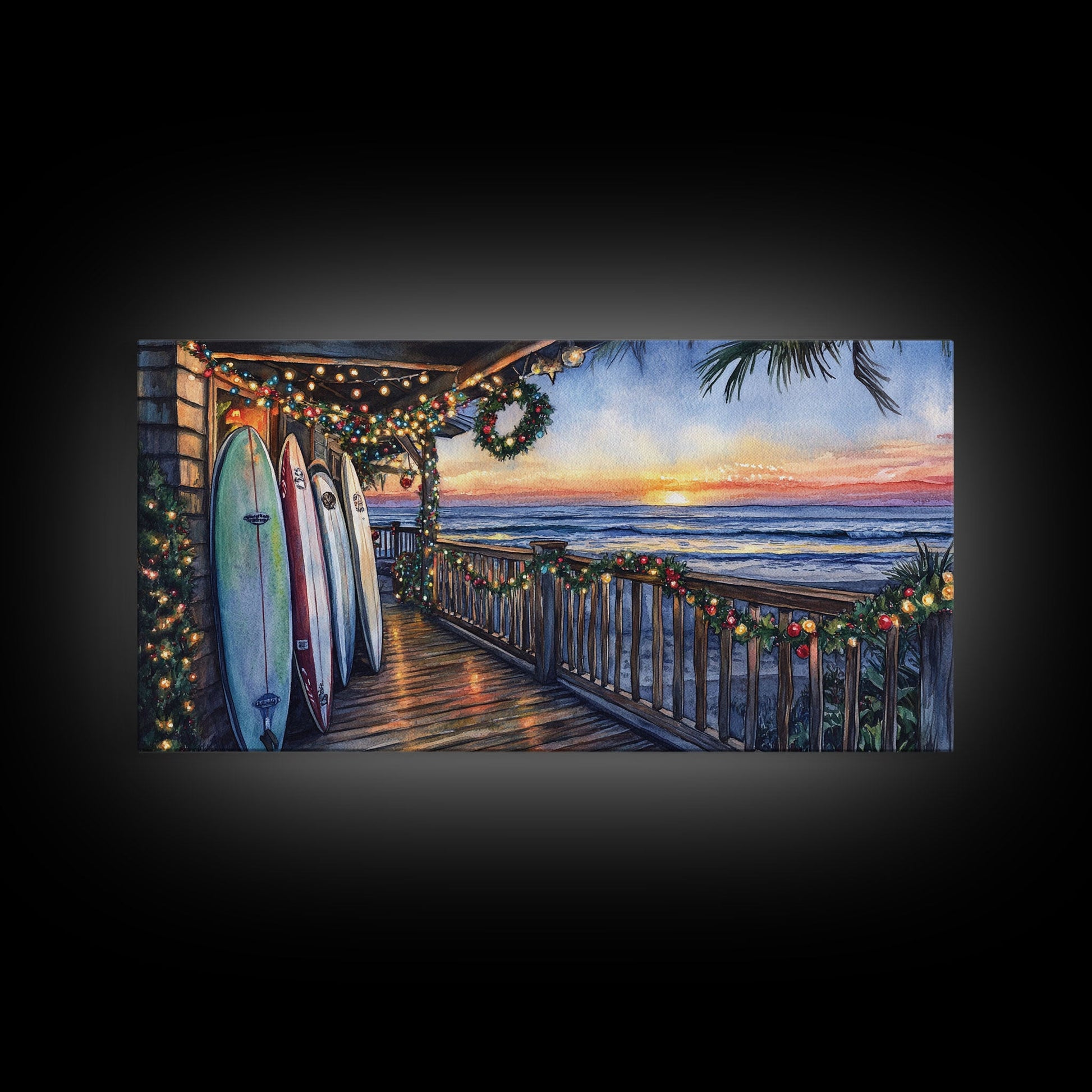 Coastal Christmas Porch Canvas Print with Surfboards