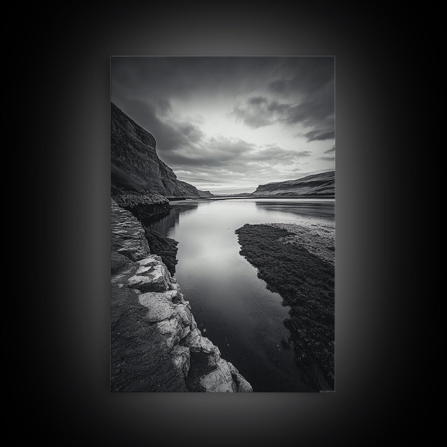 River Gorge, Twilight Reflections, Cliffside Calm, Canvas Print, Moody Black White Wall Art