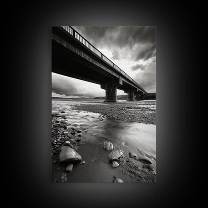 Stormy Bridge, River Rocks, Dramatic Sky, Moody Photography, Office Wall Art